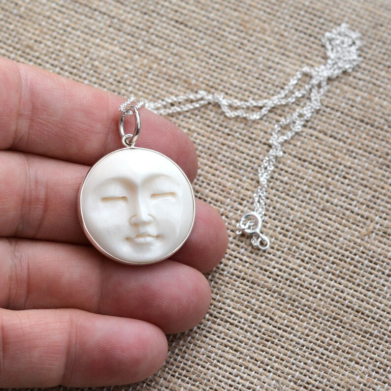 1-25mm Sterling Silver and Carved Bone Moon Face Necklace BS171124Z Silver Rolo Chain Moon Face Jewelry Carved Bone Moon Face Pendant