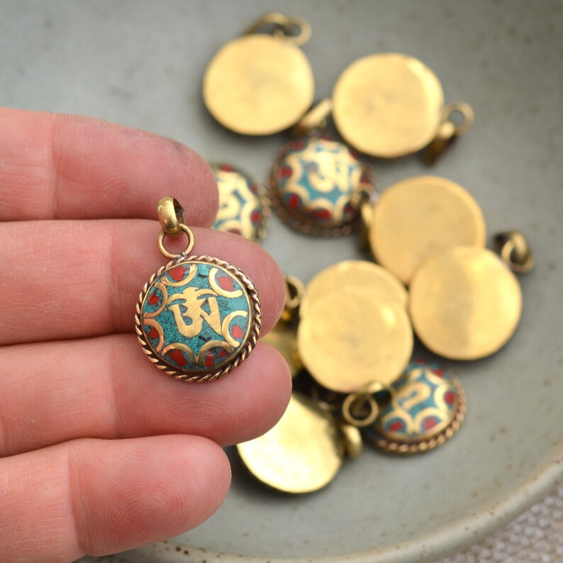 Om Pendant Tibetan Pendant Ohm Charm Handmade Jewelry Mantra Pendant Nepal Brass Inlay Bohemian Jewelry Yoga Jewelry Making Supplies 13190