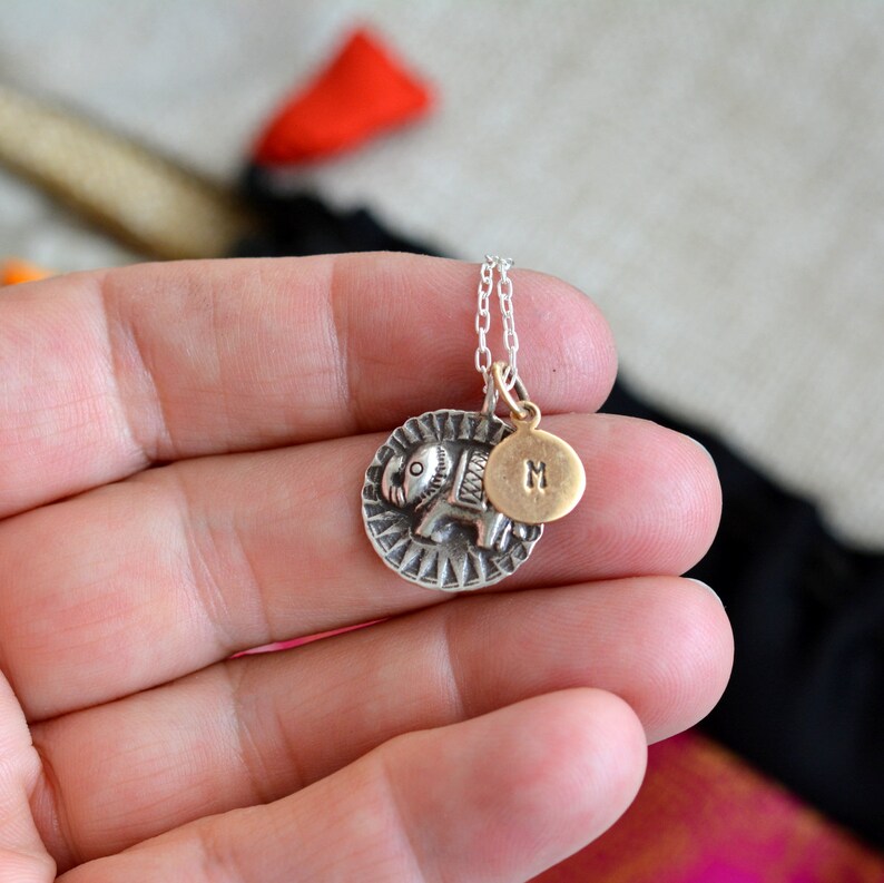 AL18 Choose Length Karen Hill Tribe Charms Sterling Silver Elephant Necklace With Personalized Bronze Initial Fine Silver Cable Chain