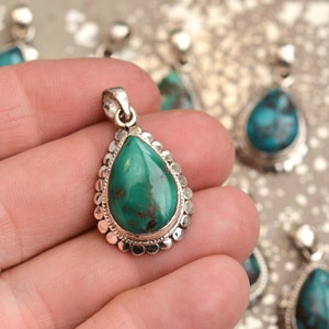 Sterling Silver Teardrop Turquoise Pendant, Natural Turquoise Jewelry, Nepal Jewelry, December Birthstone, BID19-0113F2