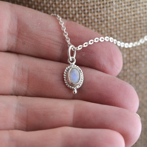 Dainty Handmade Sterling Silver Oval Rainbow Moonstone Necklace, Moonstone Charm Necklace for Girls, Fine Cable Chain, BS21-0131
