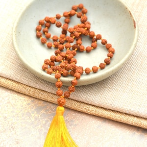 Rudraksha Mala Beads, 108 Beads, Rudraksha Bead Mala Necklace, Tibetan Prayer Mala Beads, Yellow Tassel, Buddhist Jewelry, DEN17-1209B