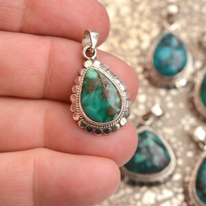 Handmade Silver Turquoise Teardrop Pendant, Sterling Silver, Natural Tibetan Turquoise, Nepalese Jewelry, December Birthstone,  BID19-0113F6