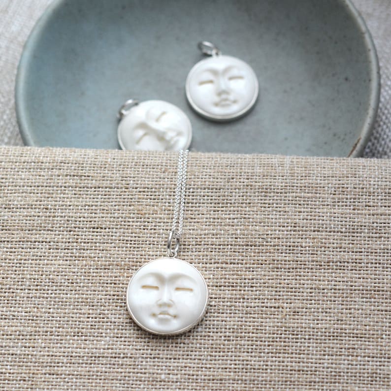 1-25mm Sterling Silver and Carved Bone Moon Face Necklace BS171124Z Silver Rolo Chain Moon Face Jewelry Carved Bone Moon Face Pendant