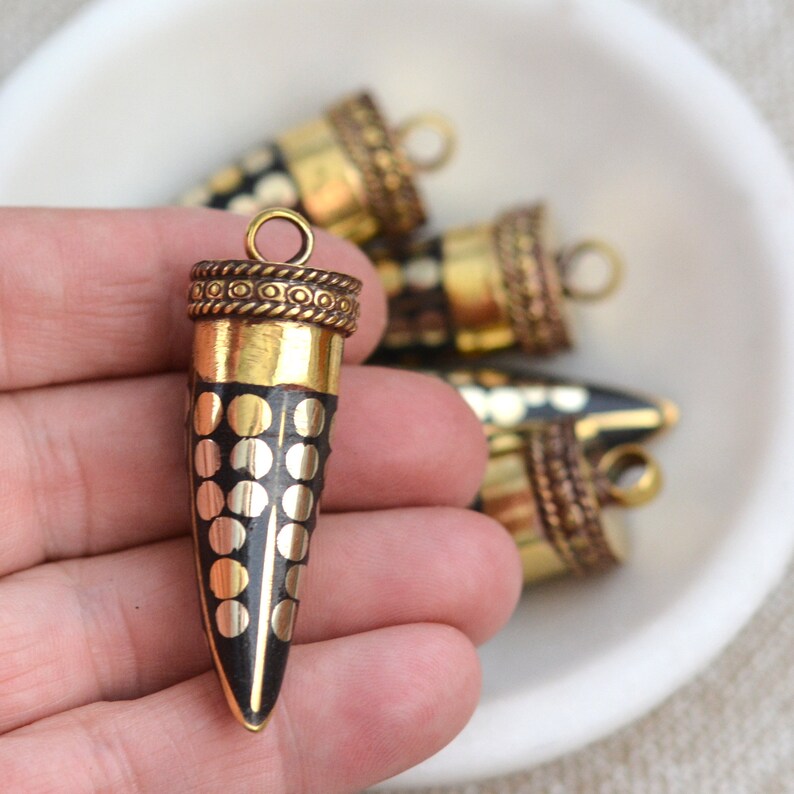 Tooth Pendant BID19-0119 Black Gold Bohemian Style Pendant 1-45mm Long Horn Shaped Tibetan Brass Mosaic Pendant