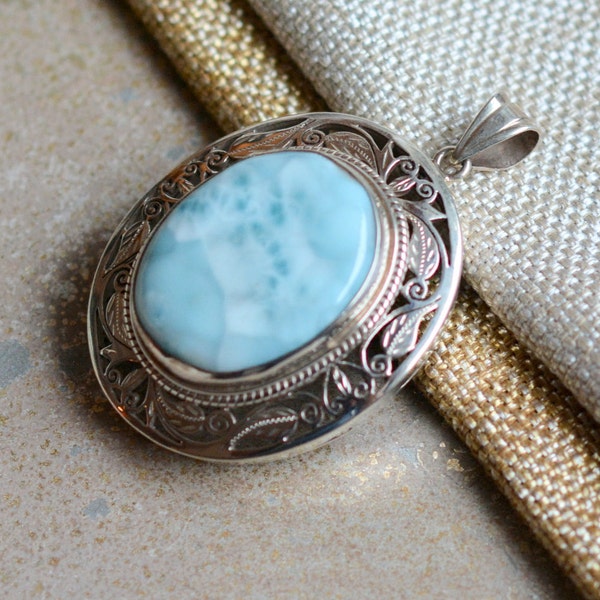 Large Oval Larimar Gemstone Pendant Sterling Silver Filigree Pendant Nepalese Artisan Handicraft Natural Larimar Cabochon Pendant BID171017B