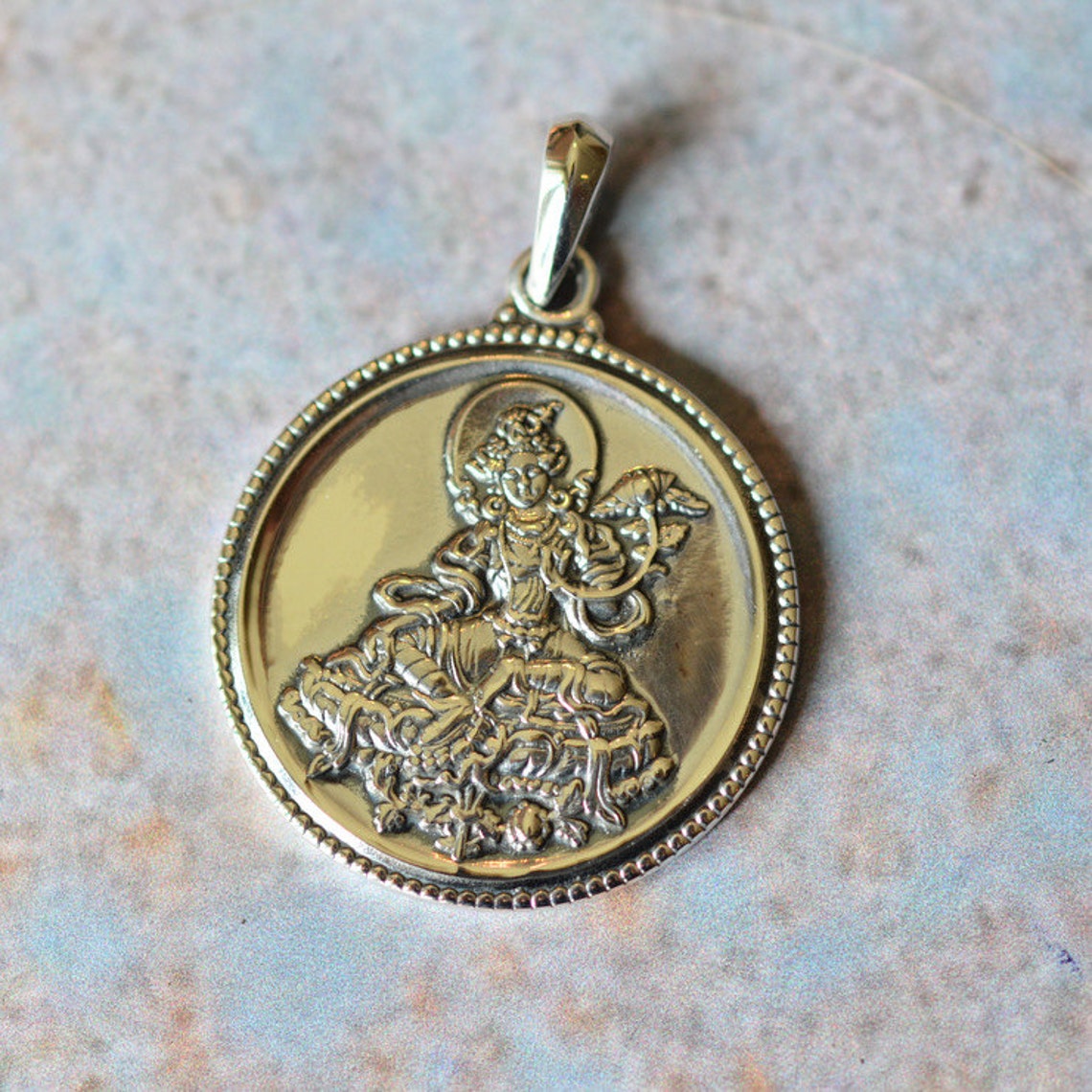 1  25mm Sterling Silver Round Tibetan Buddhist Green Tara image 0