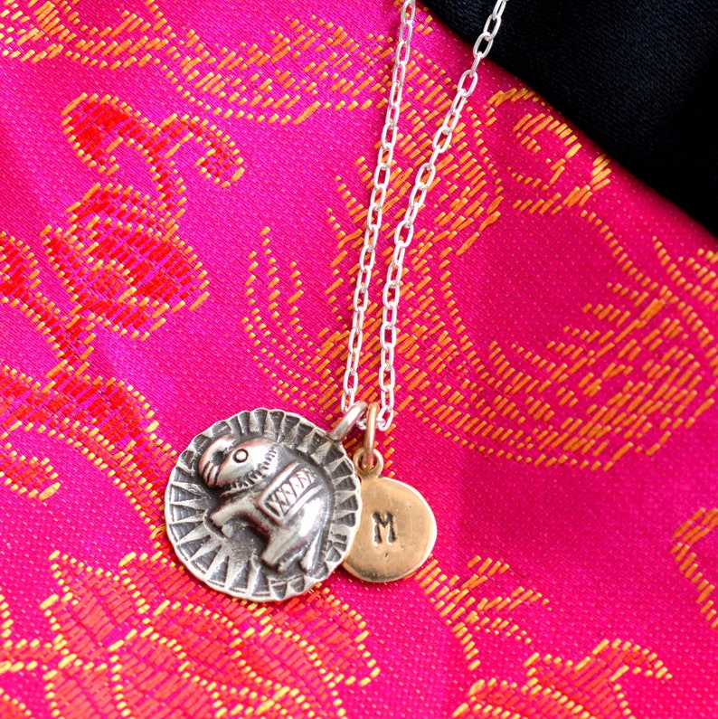 AL18 Choose Length Karen Hill Tribe Charms Sterling Silver Elephant Necklace With Personalized Bronze Initial Fine Silver Cable Chain