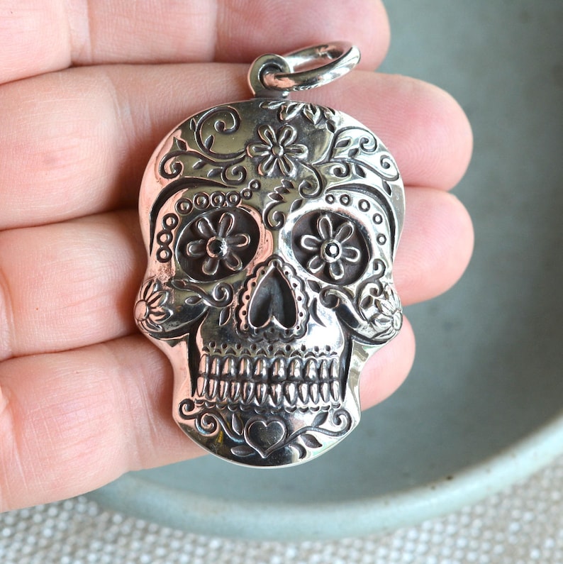 Day of the Dead 1-50mm Large Sterling Silver Carved Sugar Skull Pendant Onyx Gemstone Eyes GS18-0113G Statement Pendant Skull Jewelry