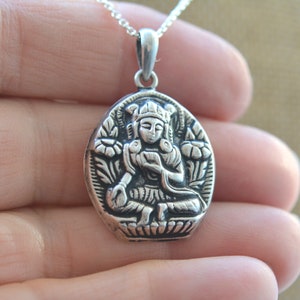 Sterling Silver Tara Necklace, Handmade Nepalese Silver Goddess Pendant with our Dainty Rolo Chain, Green Tara Goddess Talisman, BID22