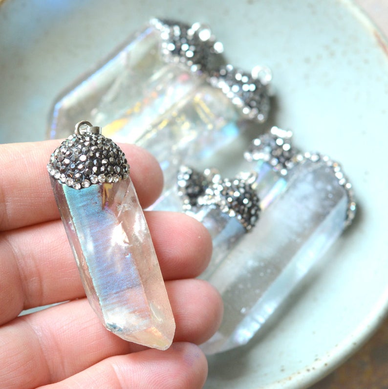 Angel Aura Quartz Healing Crystal Mystical Jewelry HAS170113B Large Crystal Point Pendant 1- Aura Quartz Crystal Pendant Rhinestone Pave