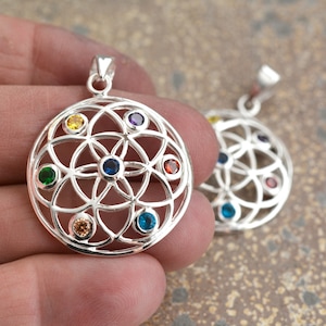 7 Chakra Round Flower of Life Pendant, Sterling Silver, Chakra Jewelry, Bright Silver Medallion, 30mm, GRD19-1029