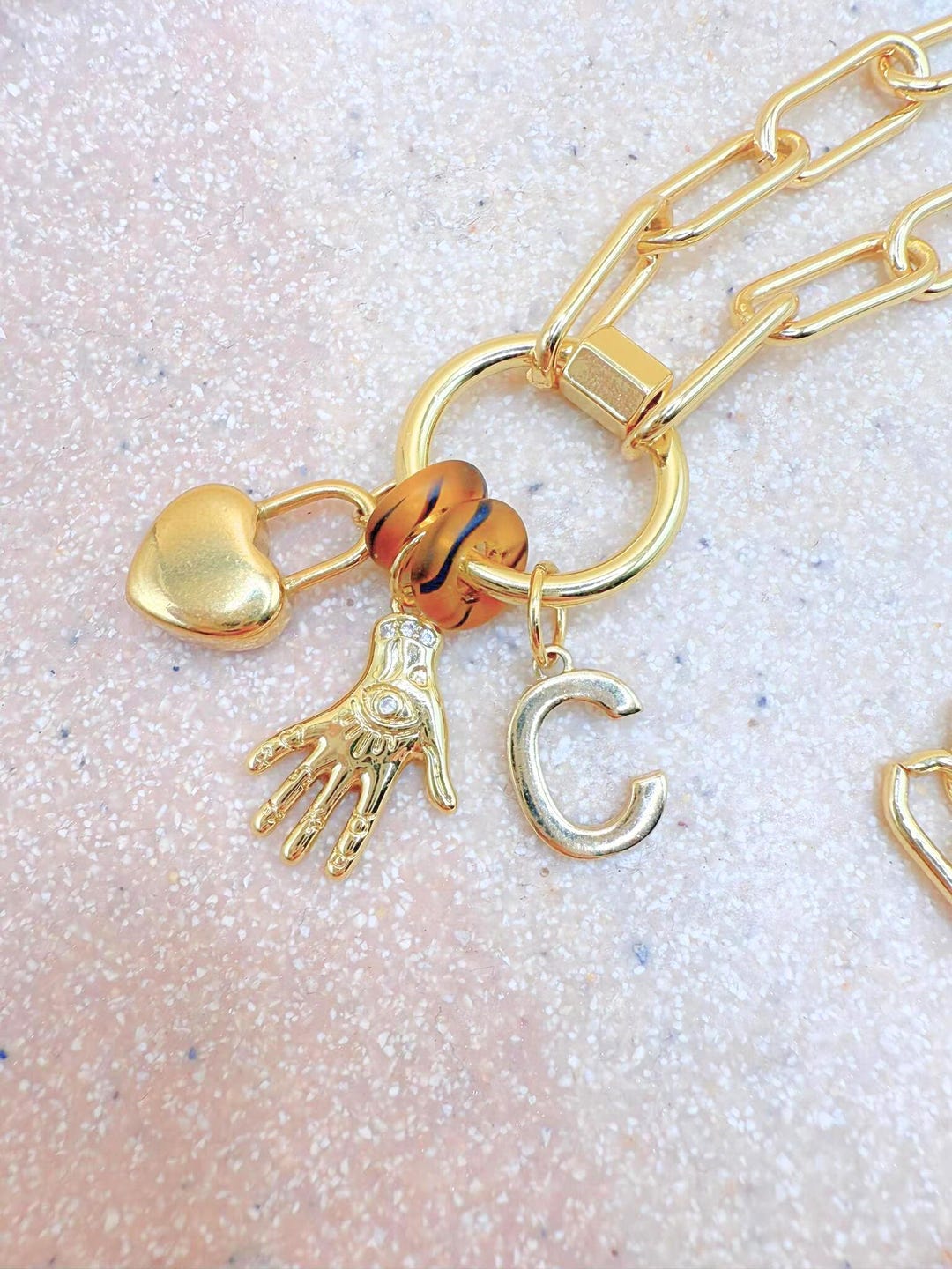 Fancy CZ Gold Carabiner Clasp Paperclip Charm Necklace main image 0