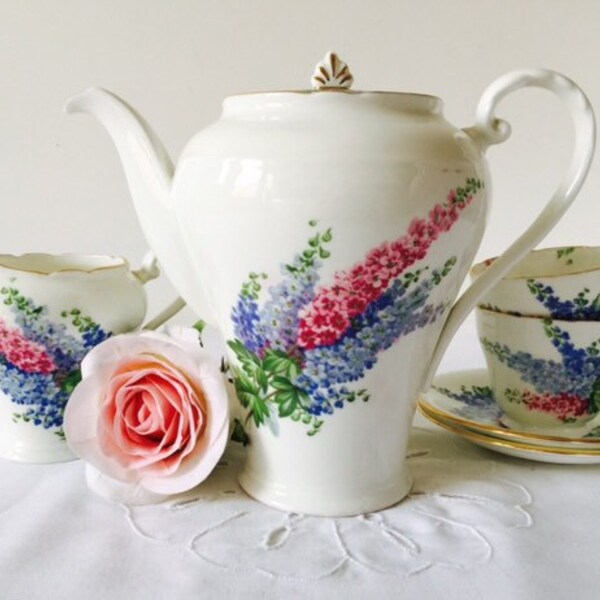 Aynsley Hollyhocks Coffee set for 2, 1930s, Staffordshire.