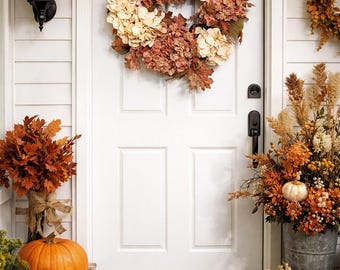 Fall Hydrangea Wreath, Neutral Autumn Wreath, Cream and Rust Front Door Wreath, Farmhouse Fall Decor, Thanksgiving Wreath