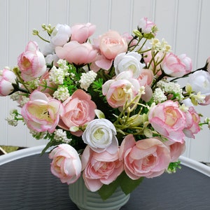 Small table arrangement, peach ranunculus, small centerpiece, shelf arrangement, countertop floral arrangement