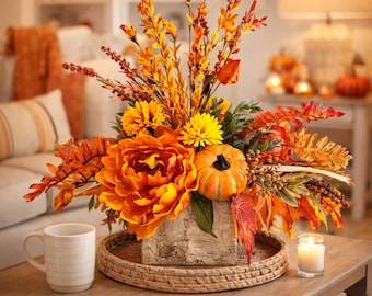 Fall Silk Floral Centerpiece: Rustic Farmhouse Pumpkin Decor