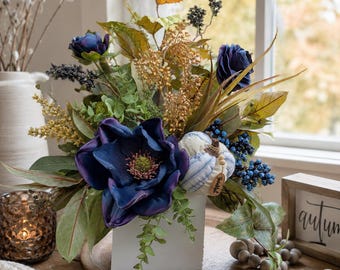 Navy Blue Fall Floral Arrangement Pumpkin Accent, Autumn Magnolia Arrangement, Rustic Fall Table Decor, Elegant Thanksgiving Arrangement