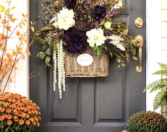 Large Fall Front Door Basket, Plum & Cream Autumn Wicker Door Hanger, Elegant Farmhouse Porch Decor, Thanksgiving Floral