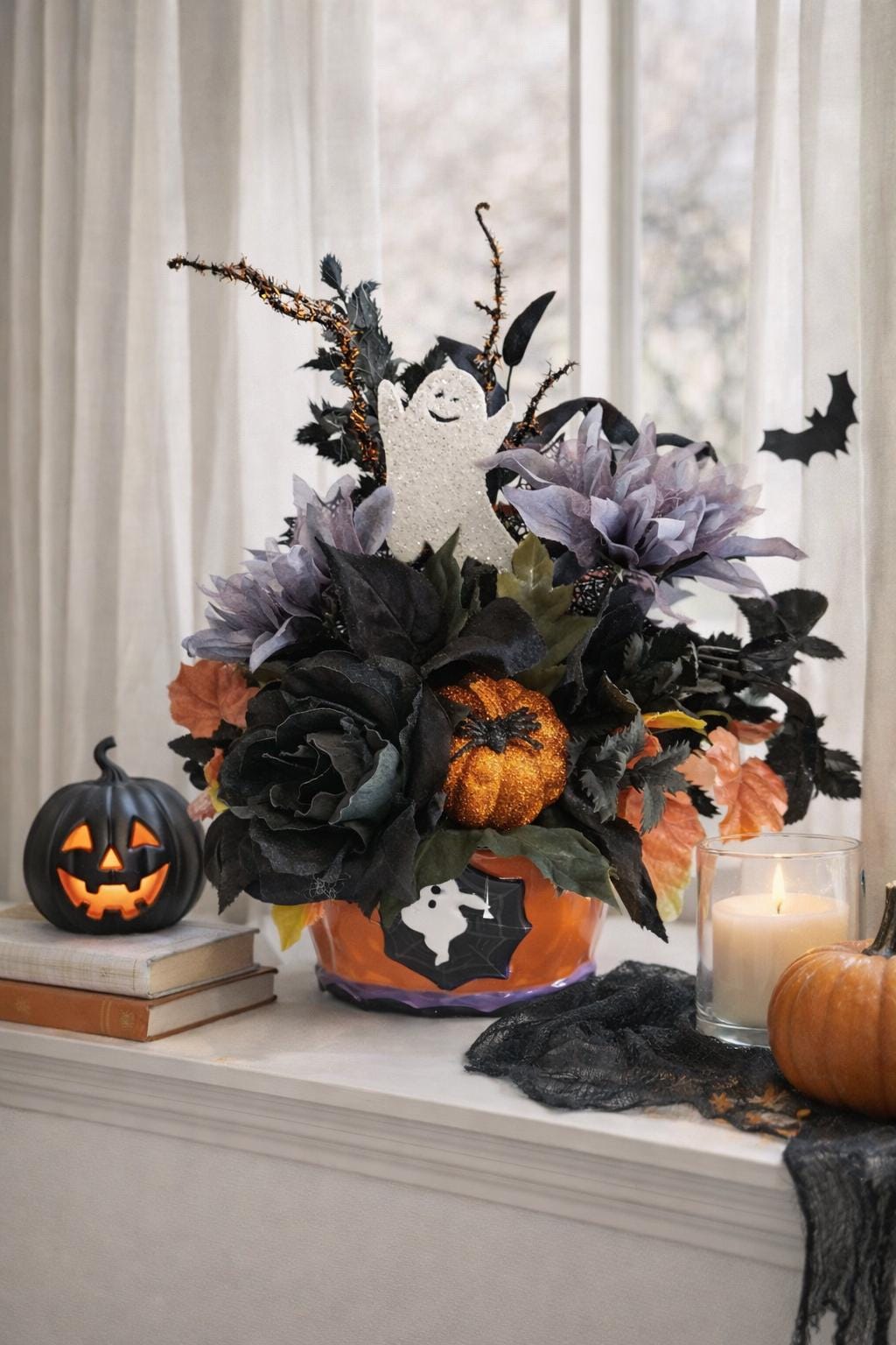 Halloween Ghost Floral Arrangement, Spooky Table Centerpiece, Black and ...