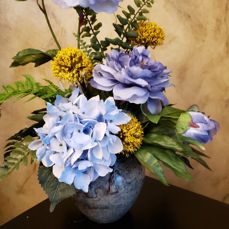 Blue Peony and Hydrangea Arrangement, Blue Silk Floral Arrangement, Blue Silk Flower Arrangement