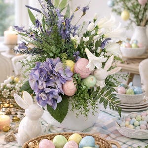 Easter Bunny Floral Arrangement: Hydrangea, Lilies, Sparkly Eggs