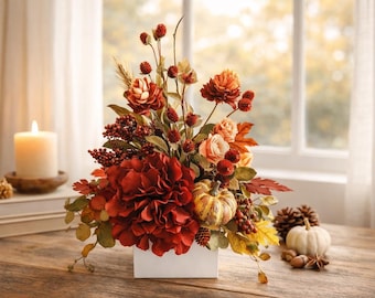 Fall Floral Arrangement, Burgundy Red Hydrangea Pumpkin Decor, Autumn Table Decor, Thanksgiving, Rustic Fall Home Decor, Farmhouse Decor