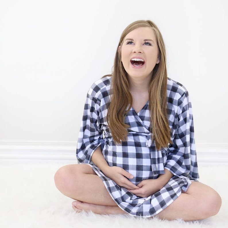 Knit Maternity and Delivery Robe Black and White Checkered Maternity Robe Black Gingham