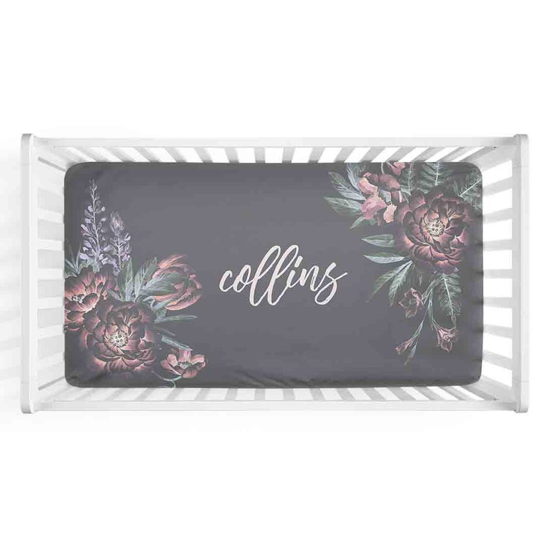 Dark Moody Floral Custom Name Crib Sheet Personalized Crib Etsy