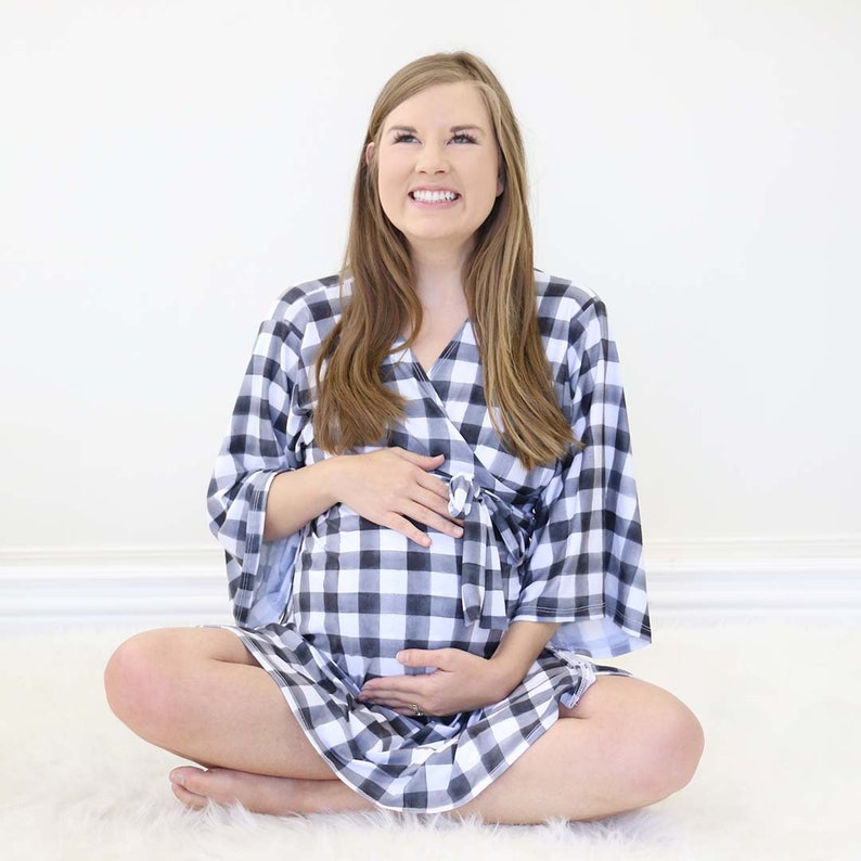 Knit Maternity and Delivery Robe Black and White Checkered Maternity Robe Black Gingham
