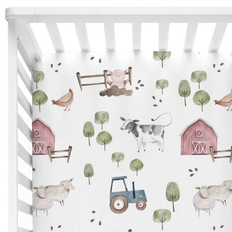 Farm Party Crib Bedding Farm Themed Crib Sheet Red Barn Etsy