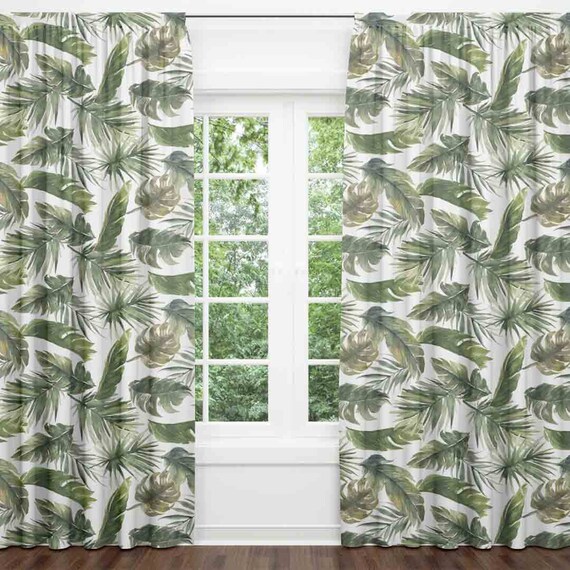 Forest Palm Blackout Curtain Panels Set Of 2 Dark Green Etsy