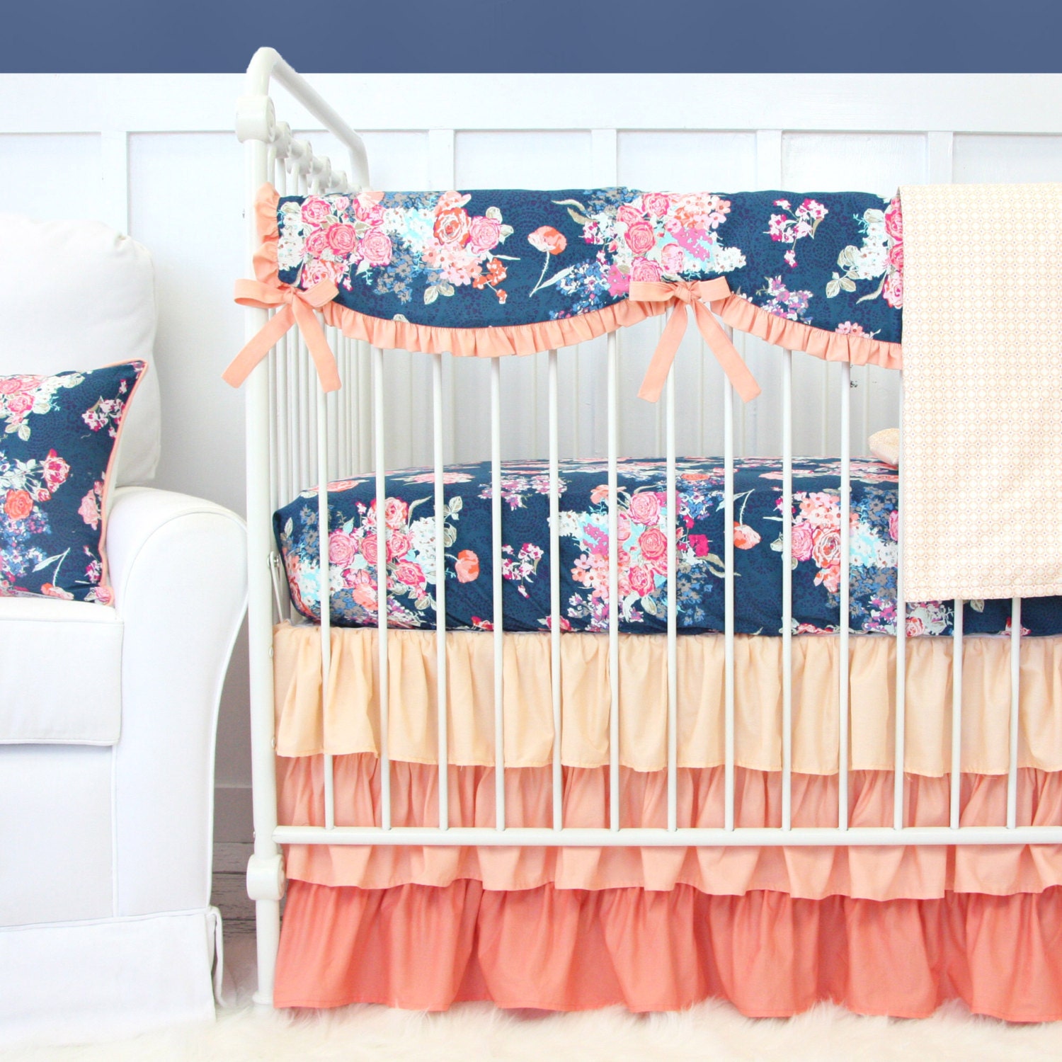 Coral and Navy Floral Baby Bedding Girl Crib Set in Peach ...