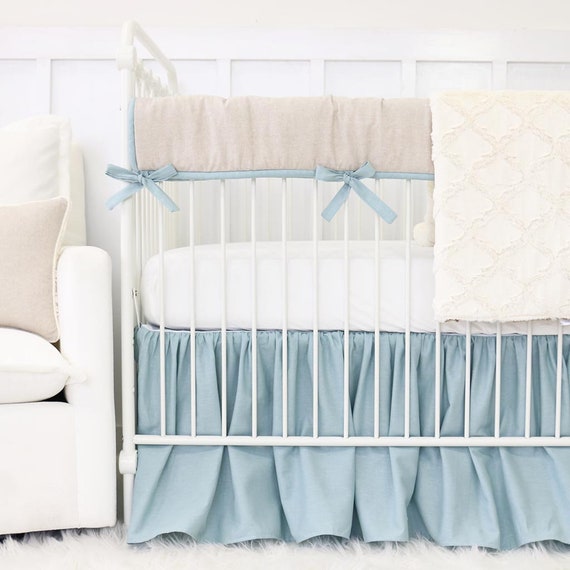Dusty Blue Linen Baby Bedding Soft Neutral Image 0