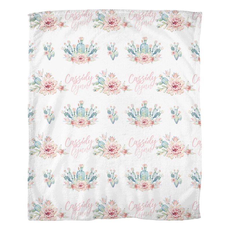 Personalized Toddler Blanket in Pink and Green Cactus Personalized Baby Crib Blanket Baby Name Blanket Desert Cactus Blooms Collection
