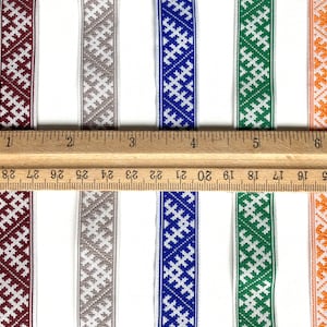 Latvian ethnic ribbon 18mm wide, white blue orange green woven polyester trim, Baltic national folk costume belt with traditional signs image 2
