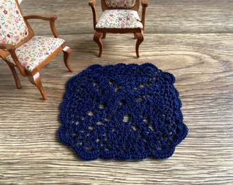 1 : 12 scale dollhouse floor carpet, dark blue hand crochet lace table cloth, cotton rug, roombox textile, miniature doll doily
