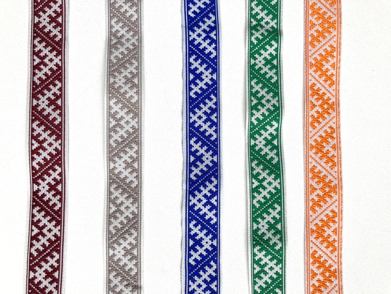 Latvian ethnic ribbon 18mm wide, white blue orange green woven polyester trim, Baltic national folk costume belt with traditional signs image 4