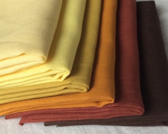 Yellow, rust, brown solid linen fabric, pure flax remnants for handmade decors, gifts, sewing, crafts, quilt, patchwork, fiber art supplies