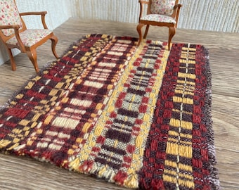 Miniature hand woven wool floor rug, handmade textile for dollhouse,rust orange brown small checked carpet, american doll bedroom mat