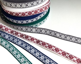 Latvian ethnic ribbon 3 meters, woven trim for crafts, sewing, Baltic national folk costume belt, green blue headband with traditional signs