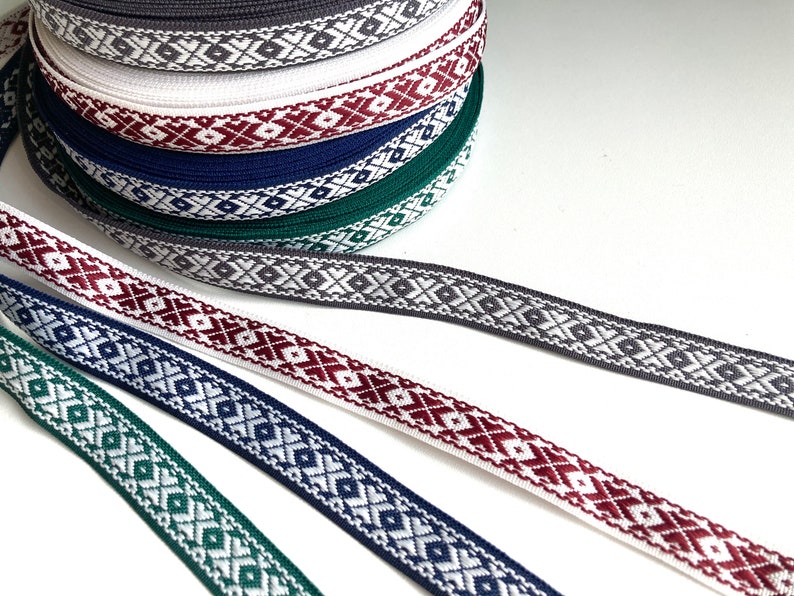 Latvian ethnic ribbon 18mm wide, white blue orange green woven polyester trim, Baltic national folk costume belt with traditional signs image 7