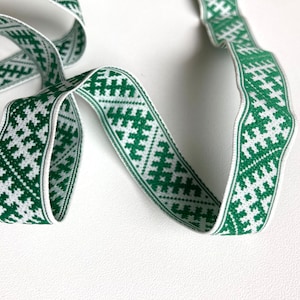 Latvian ethnic ribbon 18mm wide, white blue orange green woven polyester trim, Baltic national folk costume belt with traditional signs image 5