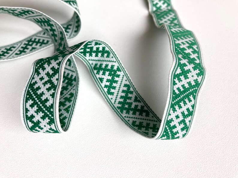 Latvian ethnic ribbon 18mm wide, white blue orange green woven polyester trim, Baltic national folk costume belt with traditional signs image 5