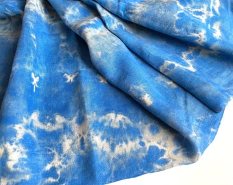 Blue tie dye batik fabric, dusty blue medium weight hand dyed pure linen, soft European flax for crafts, patchwork, sewing, textile art