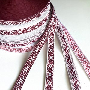 Ethnic ribbon 3 meters, woven white red trim for crafts, sewing, Baltic national folk costume belt, headband with traditional Latvian signs