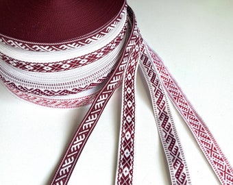 Ethnic ribbon 3 meters, woven white red trim for crafts, sewing, Baltic national folk costume belt, headband with traditional Latvian signs