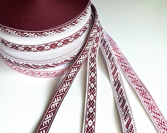 Ethnic ribbon 3 meters, woven white red trim for crafts, sewing, Baltic national folk costume belt, headband with traditional Latvian signs