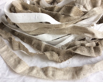 Handmade linen fabric ribbon, rug rag fabric strips, rough rustic 100% pure linen fabric cut edge, flax trim for rug rag, banner, crafts