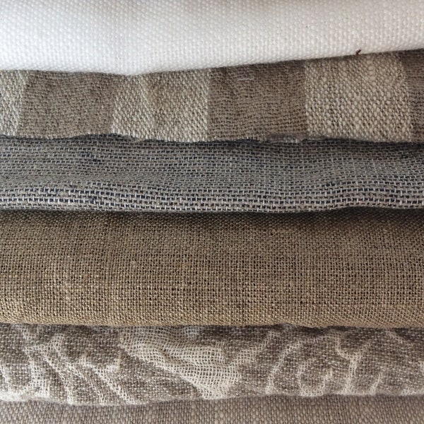 Pure linen fabric remnants, assorted thick flax fabric, solid patterned striped melange flax scraps, medium heavy weight pure flax destash